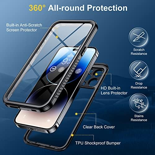 Humixx עבור iPhone 14 Pro Case Andicate Water, עדשות 9H מובנות ומגן מסך [IP68 מתחת למים] [הגנה צבאית 14ft] [360